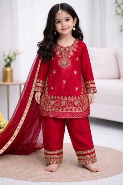 Durable Red Comfortable Kids Silk Dress for Festive Wear Girls Wear