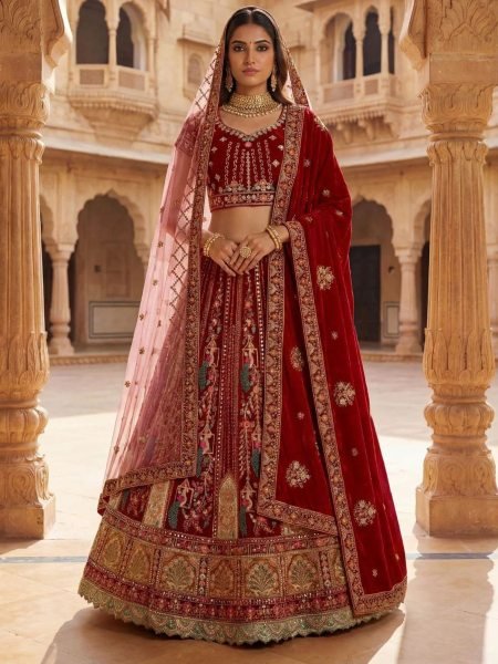 Durable Red Velvet Bridal Lehenga with Zari and Mirror Work for Wedding Wear  Lehenga