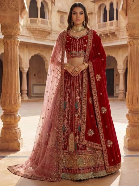 Durable Red Velvet Bridal Lehenga with Zari and Mirror Work for Wedding Wear Bridal Lehenga Choli