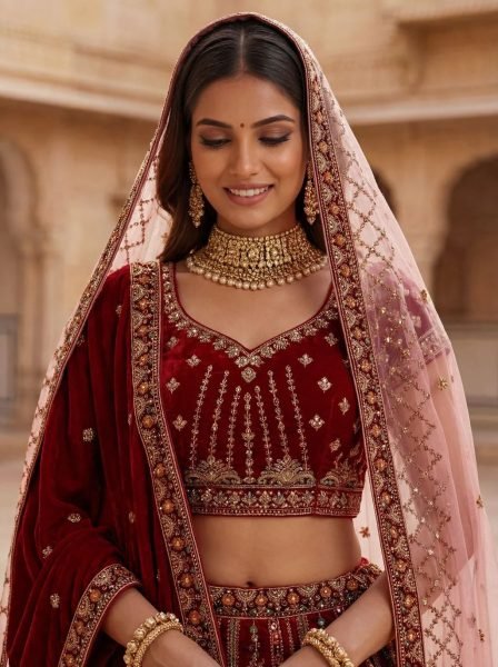 Durable Red Velvet Bridal Lehenga with Zari and Mirror Work for Wedding Wear Bridal Lehenga Choli