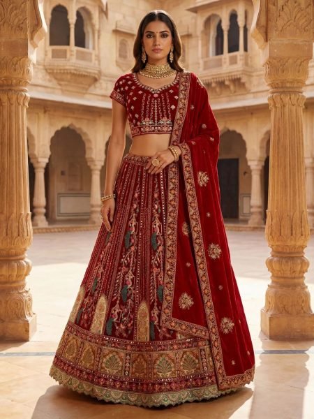 Durable Red Velvet Bridal Lehenga with Zari and Mirror Work for Wedding Wear Bridal Lehenga Choli