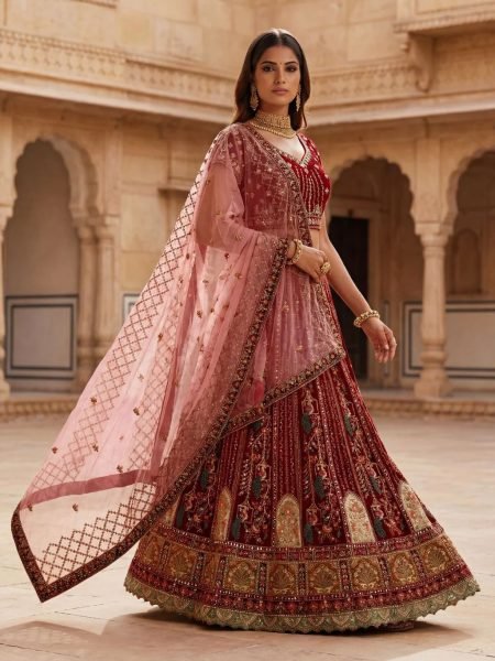 Durable Red Velvet Bridal Lehenga with Zari and Mirror Work for Wedding Wear Bridal Lehenga Choli