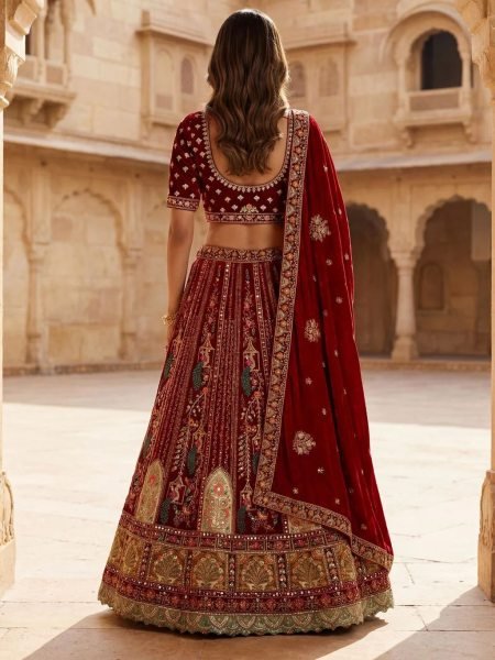 Durable Red Velvet Bridal Lehenga with Zari and Mirror Work for Wedding Wear Bridal Lehenga Choli