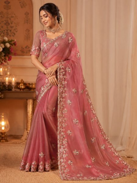 Durable Rose Pink Fendy Chiffon Saree with Cording Sequence Work 