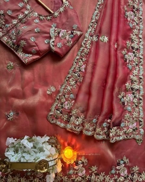 Durable Rose Pink Fendy Chiffon Saree with Cording Sequence Work Embroidery Kurtis 