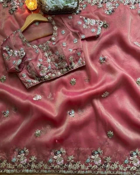 Durable Rose Pink Fendy Chiffon Saree with Cording Sequence Work Embroidery Kurtis 