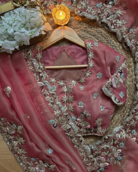 Durable Rose Pink Fendy Chiffon Saree with Cording Sequence Work Embroidery Kurtis 