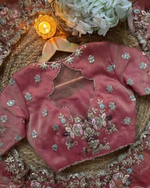 Durable Rose Pink Fendy Chiffon Saree with Cording Sequence Work Embroidery Kurtis 