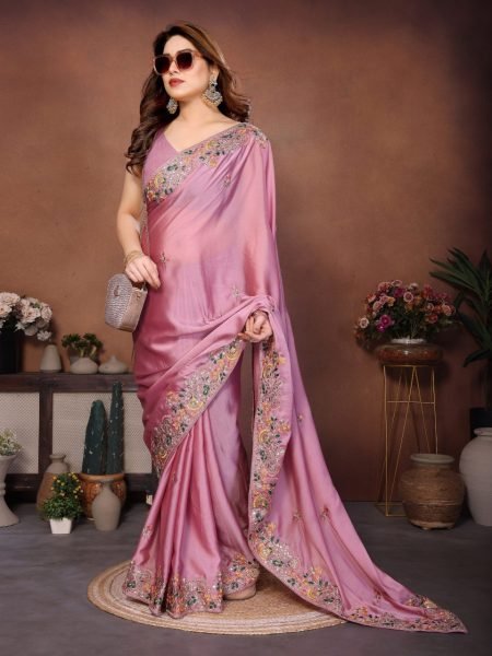 Durable Rose Pink Soft Silk Zari Embroidered Saree with Floral Border  Silk Sarees Wholesale