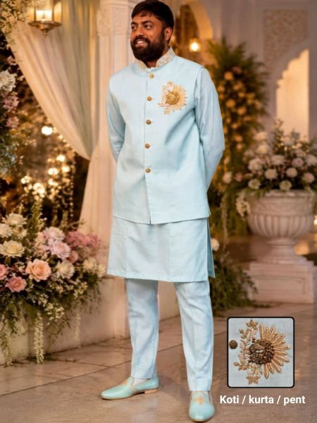 Durable Sky Blue Designer Linen Fabric Indo Western Kurta Pant for Weddings 