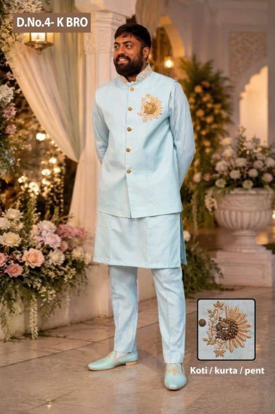 Durable Sky Blue Designer Linen Fabric Indo Western Kurta Pant for Weddings Kurta Pajama Wholesale