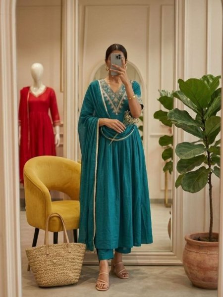 Durable Teal Blue Roman Silk Kurta Pant Set with Embroidered Dupatta for Women Embroidery Kurtis 