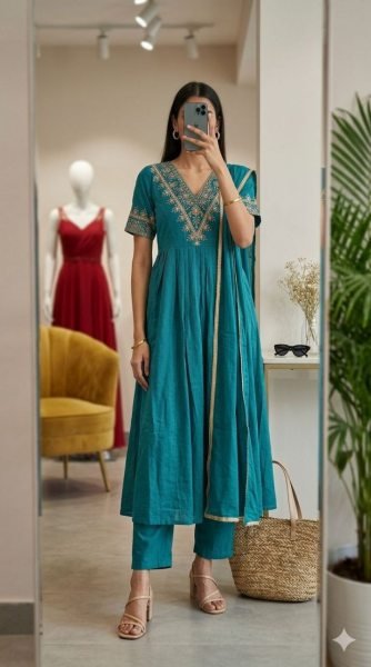 Durable Teal Blue Roman Silk Kurta Pant Set with Embroidered Dupatta for Women Embroidery Kurtis 