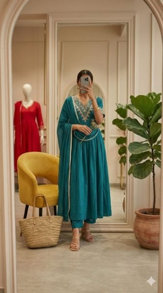 Durable Teal Blue Roman Silk Kurta Pant Set with Embroidered Dupatta for Women Embroidery Kurtis 