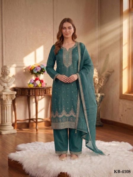 Durable Teal Green Fancy Crush Embroidery Dress Material for Women Churidar Salwar Suits Wholesale