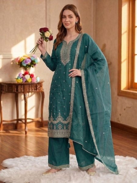 Durable Teal Green Fancy Crush Embroidery Dress Material for Women Churidar Salwar Suits Wholesale