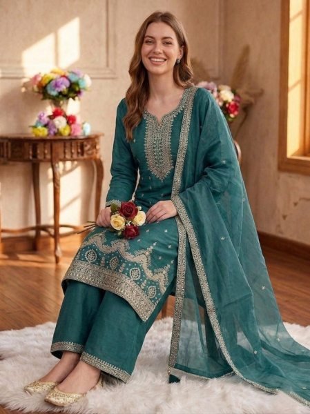 Durable Teal Green Fancy Crush Embroidery Dress Material for Women Churidar Salwar Suits Wholesale