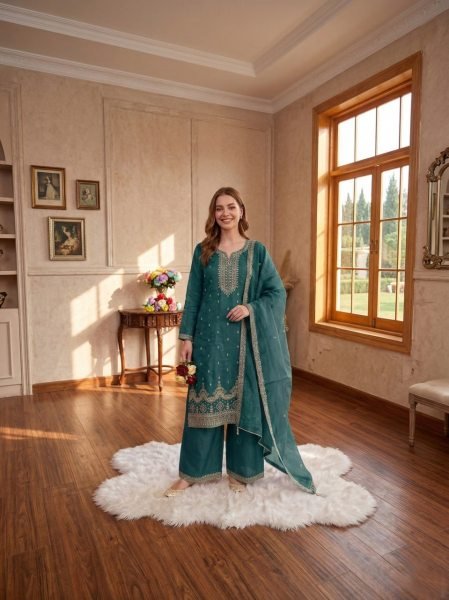 Durable Teal Green Fancy Crush Embroidery Dress Material for Women Churidar Salwar Suits Wholesale