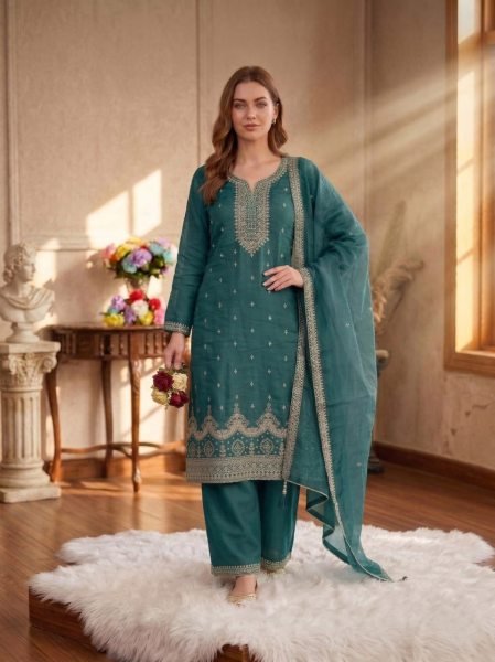 Durable Teal Green Fancy Crush Embroidery Dress Material for Women Churidar Salwar Suits Wholesale