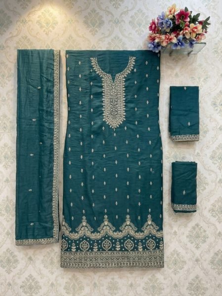 Durable Teal Green Fancy Crush Embroidery Dress Material for Women Churidar Salwar Suits Wholesale