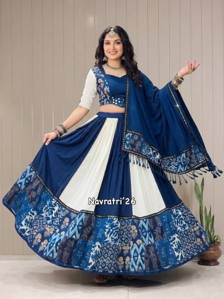 Durable White Blue Designer Printed Maslin Lehenga Choli with Gotta Patti Lace Work 