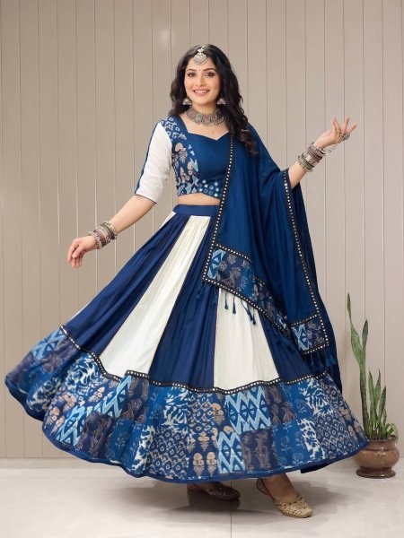 Durable White Blue Designer Printed Maslin Lehenga Choli with Gotta Patti Lace Work Navratri Lehnega Choli