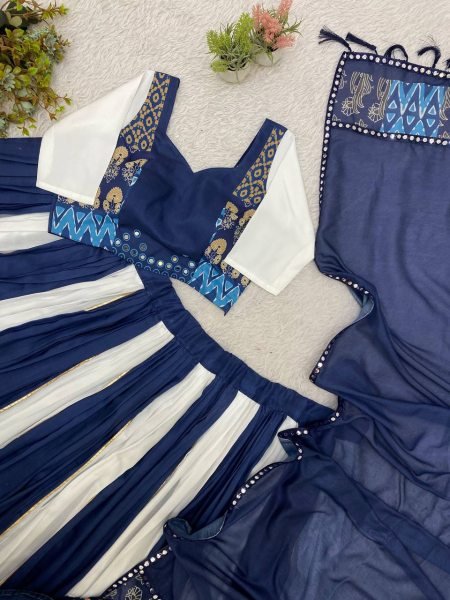 Durable White Blue Designer Printed Maslin Lehenga Choli with Gotta Patti Lace Work Navratri Lehnega Choli