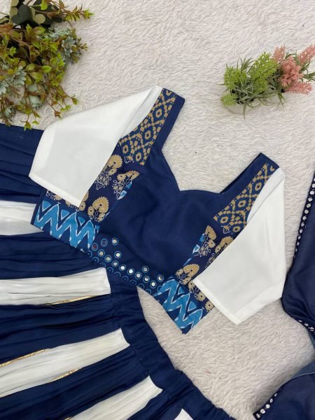 Durable White Blue Designer Printed Maslin Lehenga Choli with Gotta Patti Lace Work Navratri Lehnega Choli