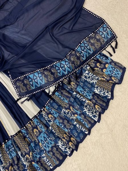 Durable White Blue Designer Printed Maslin Lehenga Choli with Gotta Patti Lace Work Navratri Lehnega Choli