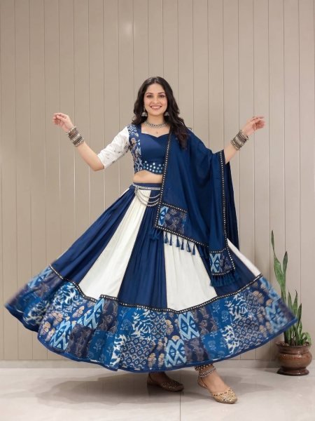 Durable White Blue Designer Printed Maslin Lehenga Choli with Gotta Patti Lace Work Navratri Lehnega Choli