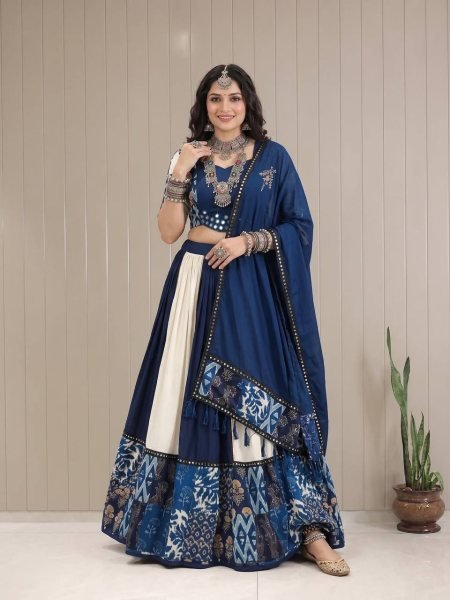 Durable White Blue Designer Printed Maslin Lehenga Choli with Gotta Patti Lace Work Navratri Lehnega Choli