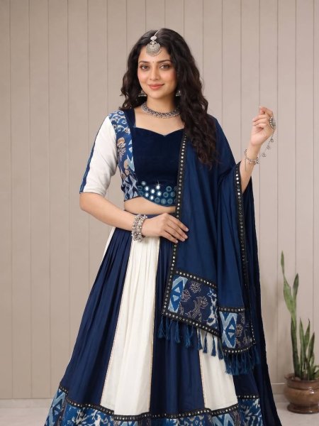 Durable White Blue Designer Printed Maslin Lehenga Choli with Gotta Patti Lace Work Navratri Lehnega Choli