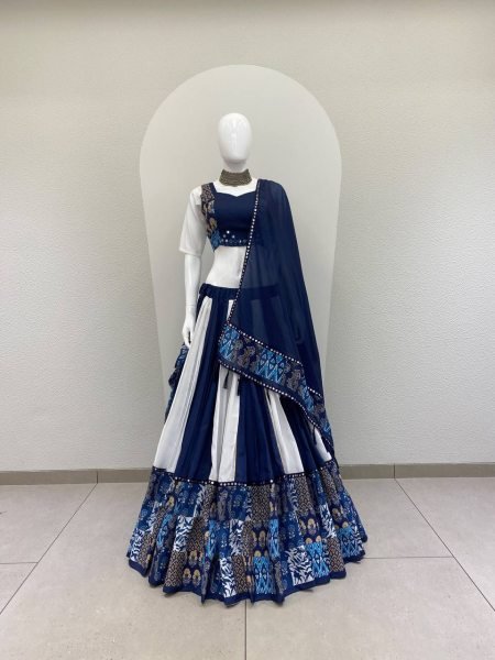 Durable White Blue Designer Printed Maslin Lehenga Choli with Gotta Patti Lace Work Navratri Lehnega Choli
