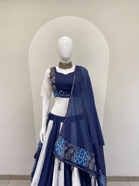 Durable White Blue Designer Printed Maslin Lehenga Choli with Gotta Patti Lace Work Navratri Lehnega Choli