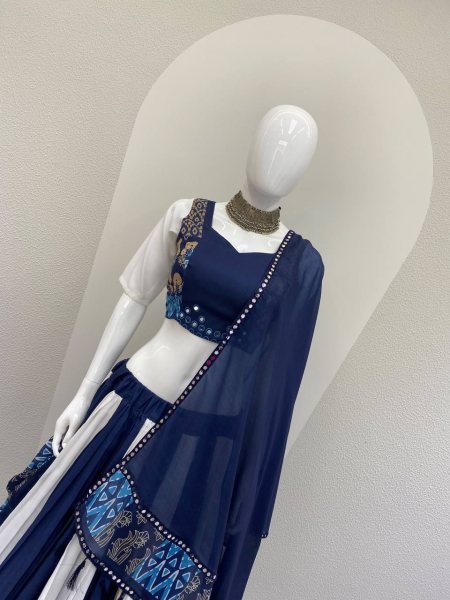Durable White Blue Designer Printed Maslin Lehenga Choli with Gotta Patti Lace Work Navratri Lehnega Choli