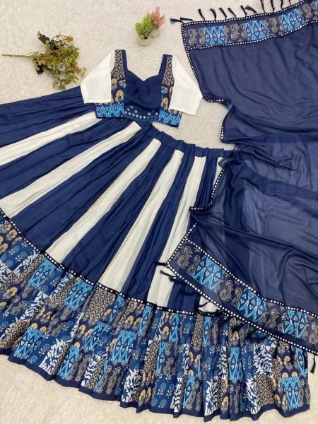 Durable White Blue Designer Printed Maslin Lehenga Choli with Gotta Patti Lace Work Navratri Lehnega Choli