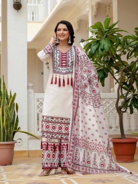 Durable White Kurta Palazzo Set With Digital Print And Real Mirror Work Factory Cost Price Ready To Wear Suit