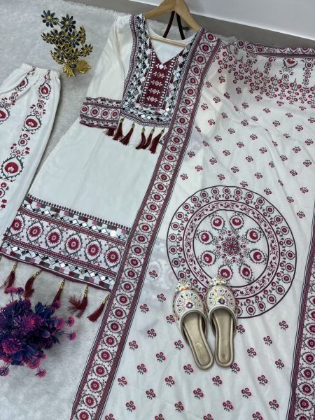 Durable White Kurta Palazzo Set With Digital Print And Real Mirror Work Factory Cost Price Ready To Wear Collection