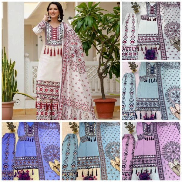 Durable White Kurta Palazzo Set With Digital Print And Real Mirror Work Factory Cost Price Ready To Wear Collection
