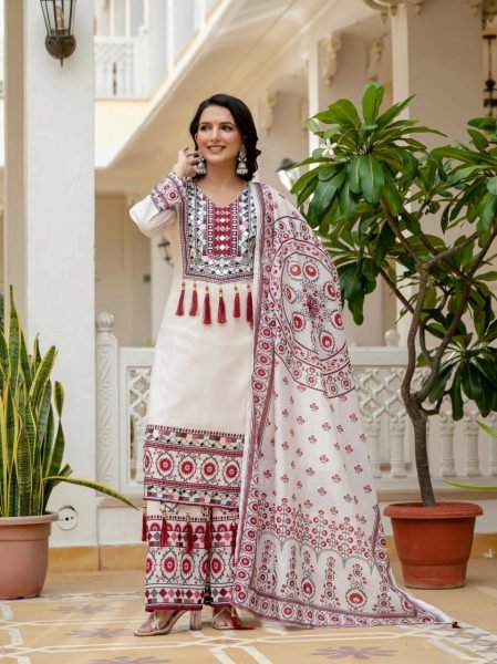 Durable White Kurta Palazzo Set With Digital Print And Real Mirror Work Factory Cost Price Ready To Wear Collection