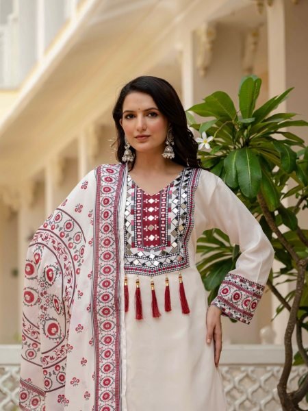 Durable White Kurta Palazzo Set With Digital Print And Real Mirror Work Factory Cost Price Ready To Wear Collection
