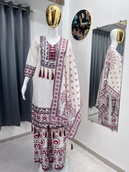 Durable White Kurta Palazzo Set With Digital Print And Real Mirror Work Factory Cost Price Ready To Wear Collection