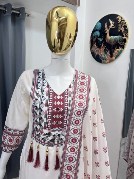 Durable White Kurta Palazzo Set With Digital Print And Real Mirror Work Factory Cost Price Ready To Wear Collection