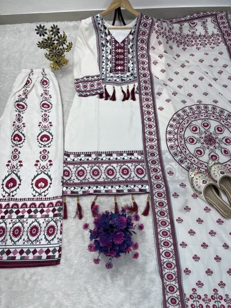 Durable White Kurta Palazzo Set With Digital Print And Real Mirror Work Factory Cost Price Ready To Wear Collection