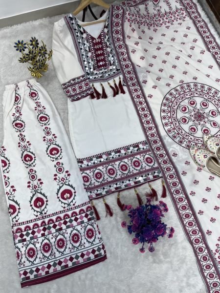 Durable White Kurta Palazzo Set With Digital Print And Real Mirror Work Factory Cost Price Ready To Wear Collection