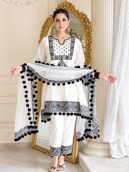 Durable White Roman Glass Silk Farshi Palazzo Suit with Organza Dupatta at Wholesale Rate Ready To Wear Suit