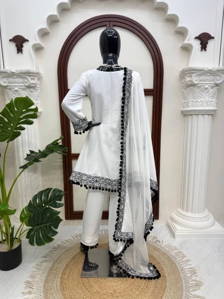 Durable White Roman Glass Silk Farshi Palazzo Suit with Organza Dupatta at Wholesale Rate Ready To Wear Collection