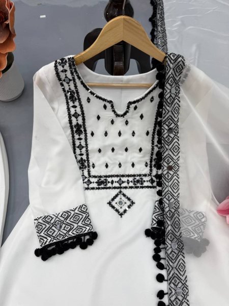 Durable White Roman Glass Silk Farshi Palazzo Suit with Organza Dupatta at Wholesale Rate Ready To Wear Collection