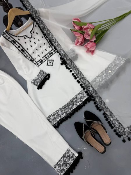 Durable White Roman Glass Silk Farshi Palazzo Suit with Organza Dupatta at Wholesale Rate Ready To Wear Collection