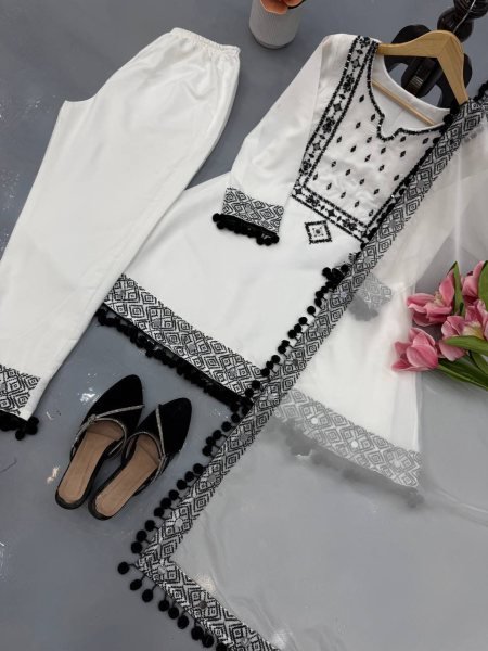 Durable White Roman Glass Silk Farshi Palazzo Suit with Organza Dupatta at Wholesale Rate Ready To Wear Collection